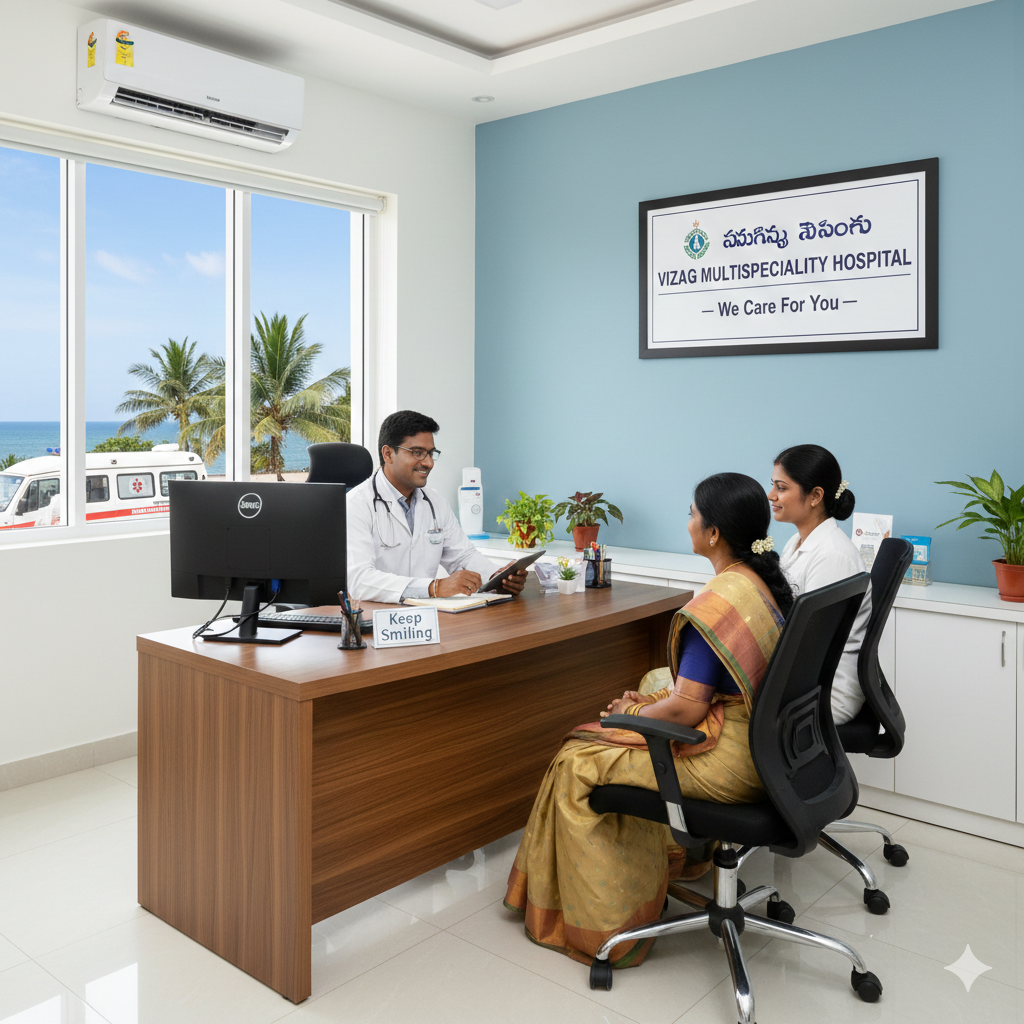 Multispeciality hospital in Vizag doctor consulting patient in clinic